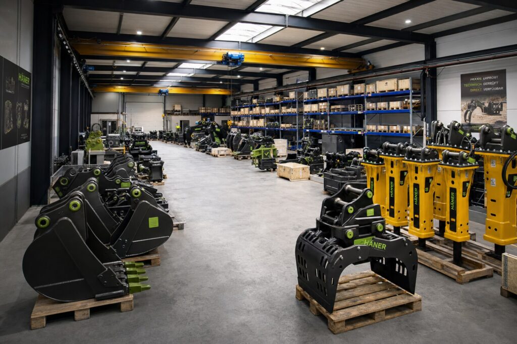 Lager und Showroom mit Anbaugeräten bei Häner Baumaschinen